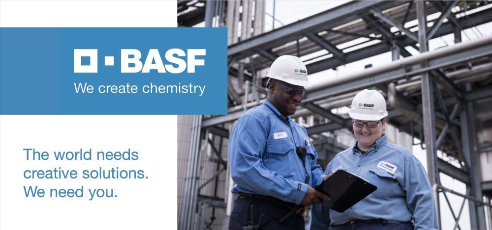 BASF workers with the titles BASF We create chemistry and The world needs creative solutions we need you.