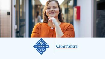 BlueHorizon A young woman in a professional orange top stands in a hallway. This graphic includes ChattState and BlueHorizon logos.