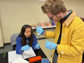 Two students practice extracting DNA in a lab at ChattState. Two students practice extracting DNA in a lab at ChattState.
