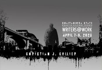 Writers@Work 2026 Poster with a silhouette figure, Chattanooga bridge, city skyline, and text for Writers@Work April 7–9, 2026 featuring Christian J. Collier
