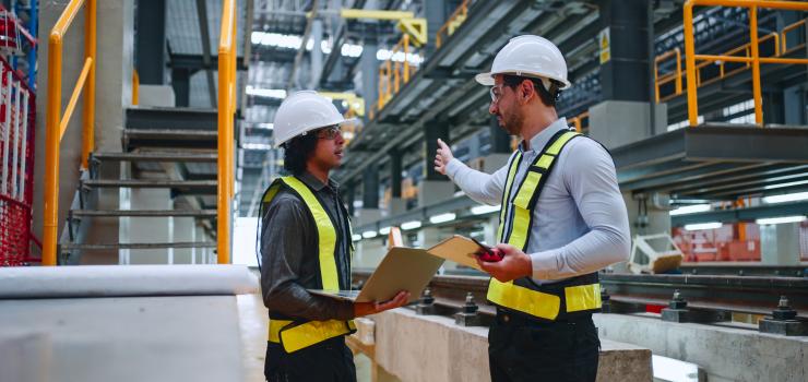 two men wearing hard hats and construction vests standing in a warehouse holding a laptop